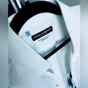 Dolce & Gabbana Men’s Gold Fit Tuxedo dress shirt in white. Size XS, 16 1/2, 42.